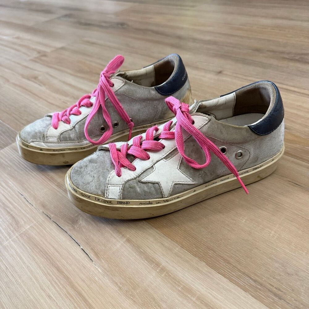 Golden Goose Deluxe Brand Hi Star Silver Shoes Pink Laces Sz 36 Quiet Luxury